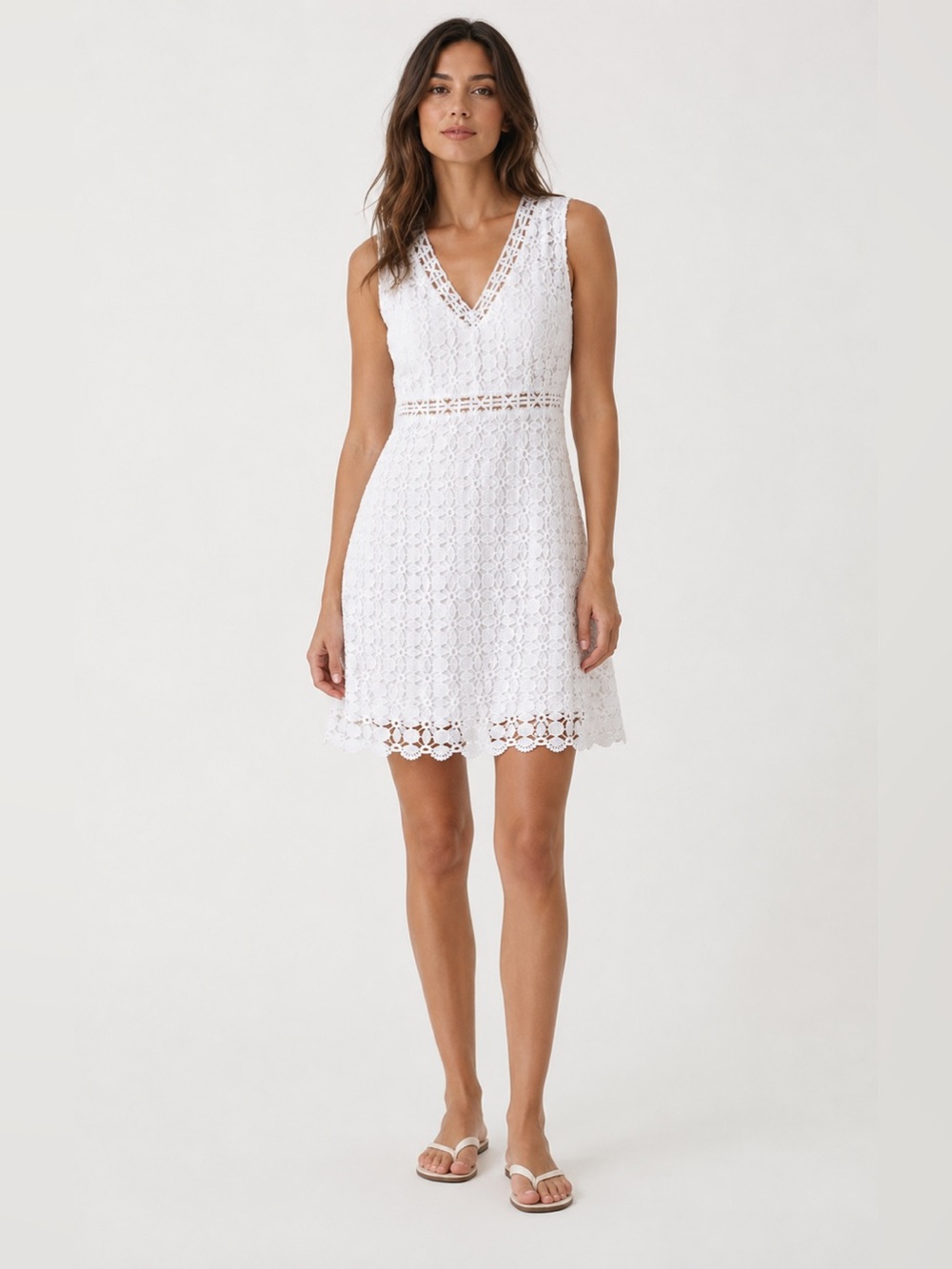 White Floral Lace Sleeveless V-Neck Scalloped Hem Knee-Length Dress Size M